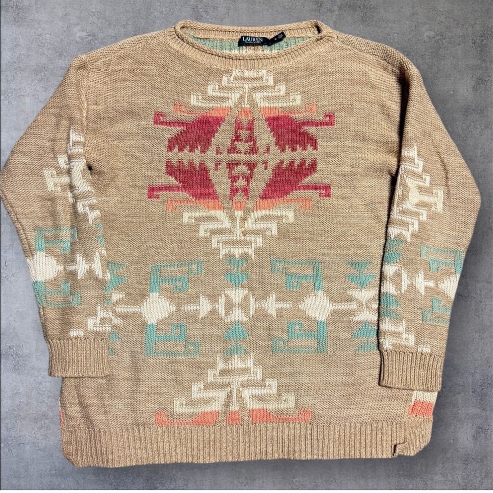 Ralph Lauren linen and cotton Beige and Pink Patterned Sweater Navajo print